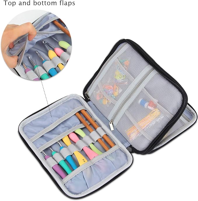 Damero Crochet Hook Case, Travel Storage Bag for Swing Crochet Hooks, Lighted Hooks, Needles(Up to 8'') and Accessories, Large, Gray Dots (No Accessories Included)