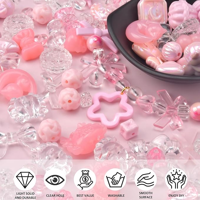 ABONDEVER 245-300Pcs Assorted Acrylic Beads for Bracelets Making Cute Star Bow Flower Candy Heart Gummy Bear Butterfly Beads for DIY Jewelry Crafts Keychain Necklace Phone Charms(Pink)