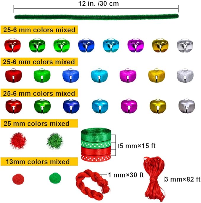 Winlyn 475 Set Christmas Jingle Bell Wreath Christmas Tree Ornaments Craft Kit Jingle Bell Metallic Chenille Stems Glitter Pom-Poms Ribbon Assortment for Kids Holiday Xmas Bracelets Necklaces Artwork