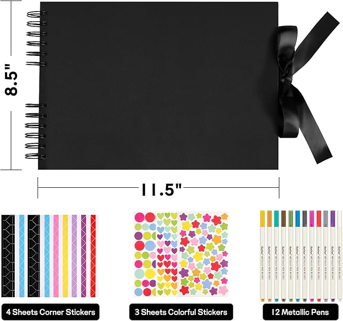 11.5 x 8.5 Inch Black Scrapbook Album, 80 Pages Photo Album with Black Pages, Kraft Paper Hardcover Memory Book with DIY Accessories Kit for Mother's Day Wedding Travel