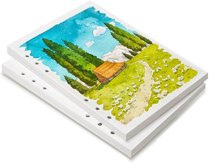 LIGHTWISH Watercolor Paper Bulk, 100% Cotton Hot Press 300gsm/140lb, 2 Pack, Total 40 Sheets A5 Hole-Punched Interchangeable Paper for Artists, Adults,Students,5.8 * 8.2 Inches