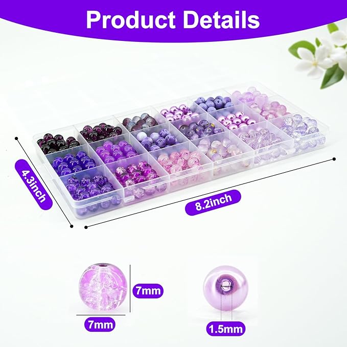 Hanyoung 8mm Glass Beads for Bracelet, Violet Elegant Series Purple 18 Colors 450 pcs Beads for Jewelry Making kit, Crystal Glass Round Beads for DIY Crafts Gifts (Purple Color)