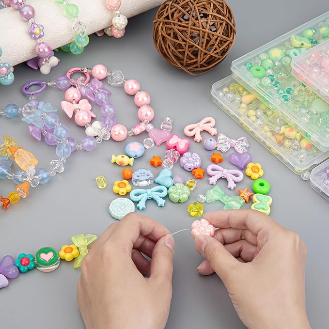 LAIDANLA 6 Color Assorted Acrylic Beads for Bracelets Random Cute Beads Aesthetic Flower Star Heart Bow Butterfly Bear Candy Mix Beads for DIY Necklace Keychain 240g