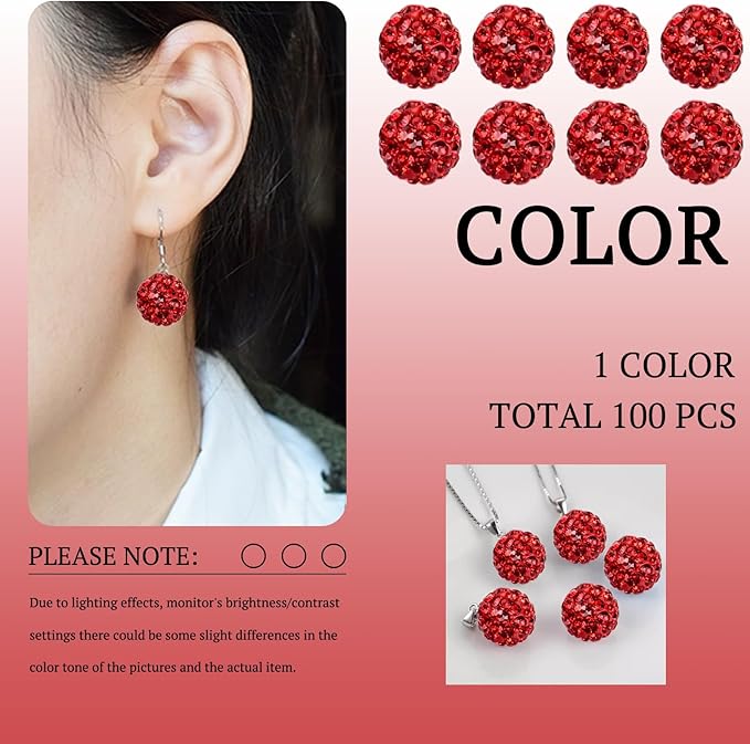 10mm Grade A Rhinestone Beads for Baseball Necklace-Round Disco Ball Beads Rhinestone Clay Bead for Earring Jewelry Making,Necklace Bracelet,DIY Craft Supplies(100 pcs Red)