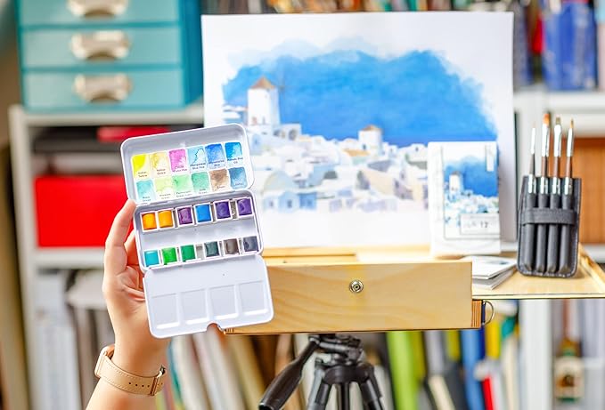 ZenArt Supplies Professional Watercolour Paint Set Vista - Non-Toxic 12 Half-Pan in Metal Tin Palette Portable Travel Vibrant Water Color, (SPN0022-PW12S-C)