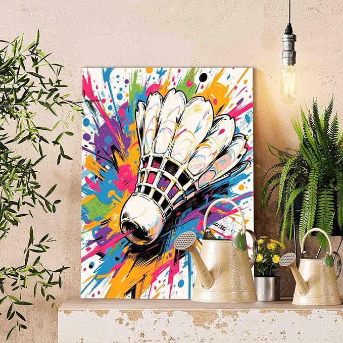 Splash Shuttlecock Paint by Numbers Kit for Adults Beginner & Kids Ages 8-12 Graffiti Badminton Paint by Number Kit on Canvas DIY Sports Lovers Home Decorations and Gifts 16"x20" (DIY Frame)
