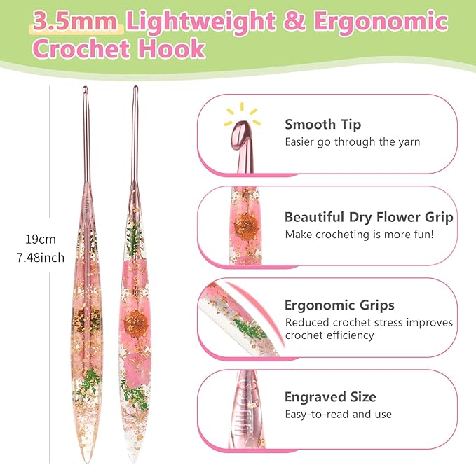 Katech 3.5mm Crochet Hooks with Floral Pattern-Elegant &Unique Crochet Needles-Longer Smooth Glide Crocheting Hook for Arthritic Hands, Beginners & Professional Ideal Crochet Gift(E)