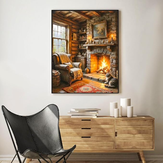 Okarina Paint by Numbers Kit for Adults Beginner Fireplace, Adult Paint by Number Kits on Canvas, Log Cabin DIY Acrylic Oil Painting by Numbers for Adults, Perfect for Home Wall Decor 16X20 Inch