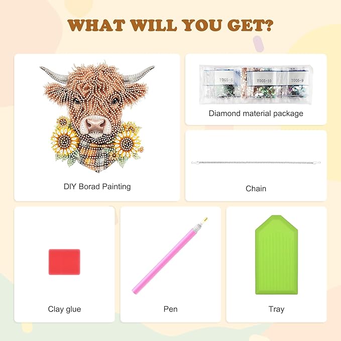 HEIBAGO Highland Cow Hanging Diamond Art Kits for Adults, Special Shaped Crystal Diamond Painting Ornament Kit, DIY Double-Sided Pattern Window Pendant Gem Art Kit for Home Wall Decor 8.3x8.3inch
