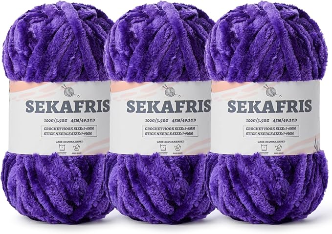 Fuzzy Chunky Chenille Yarn for Crocheting，Soft Plush Yarns for Hand Knitting，Bulky 3x100g（3x49.2 yd） Baby Blanket Yarn for Crocheting Amigurumi，Crochet Fluffy Velvet Yarns (3 Dewberry