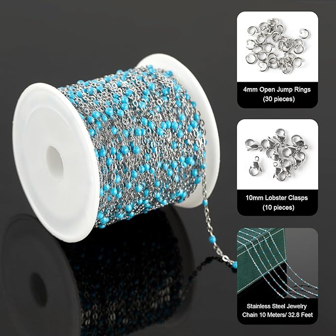 UMAOKANG 33 Feet/10M Stainless Steel Chain for Jewelry Making Light Blue Enamel Beaded Chain Bulk with Lobster Clasps and Jump Rings