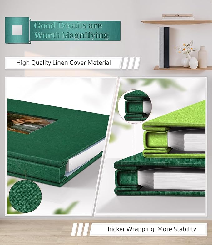 Photo Album Self Adhesive Scrapbook Album for 3x5 4x6 5x7 8x10 Pictures,60 Pages Linen Cover with Display Window DIY Photo Book,Ideal Gifts for Family Travel Wedding Baby