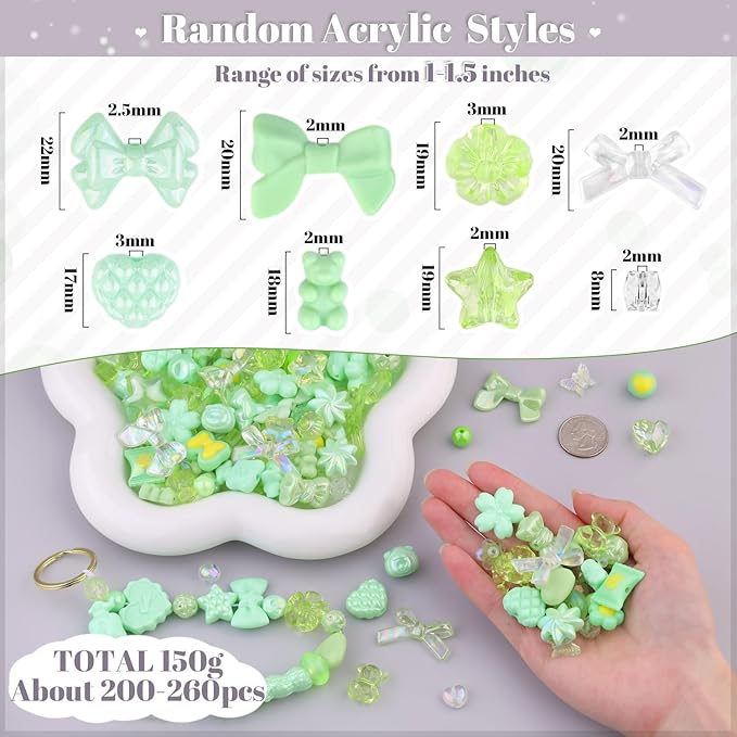 200-260PCS TINKRSTUFF Assorted Acrylic Beads Green Cute Beads for Bracelet Making, Bow Star Aesthetic Flower Butterfly GummyBear Kawaii Charms for Jewelry Necklace Making DIY Keychain Phone Charm