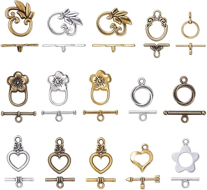 PH PandaHall 60 Sets Toggle Clasp, 15 Styles T-bar Closure Clasps IQ Toggle Clasps Flower Heart Clasps Fastener Hook Toggle Connectors TBar End Clasps for Necklace Bracelet Jewelry Making