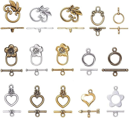 PH PandaHall 60 Sets Toggle Clasp, 15 Styles T-bar Closure Clasps IQ Toggle Clasps Flower Heart Clasps Fastener Hook Toggle Connectors TBar End Clasps for Necklace Bracelet Jewelry Making