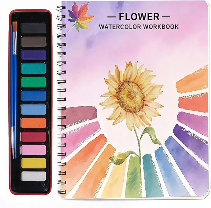 Watercolor Workbooks, Beginner Watercolor Painting Kit – 12 Colors Paint Set with Brush – Perfect for Gifting to Spark Creativity & Joy for Teens & Adults（Flower）