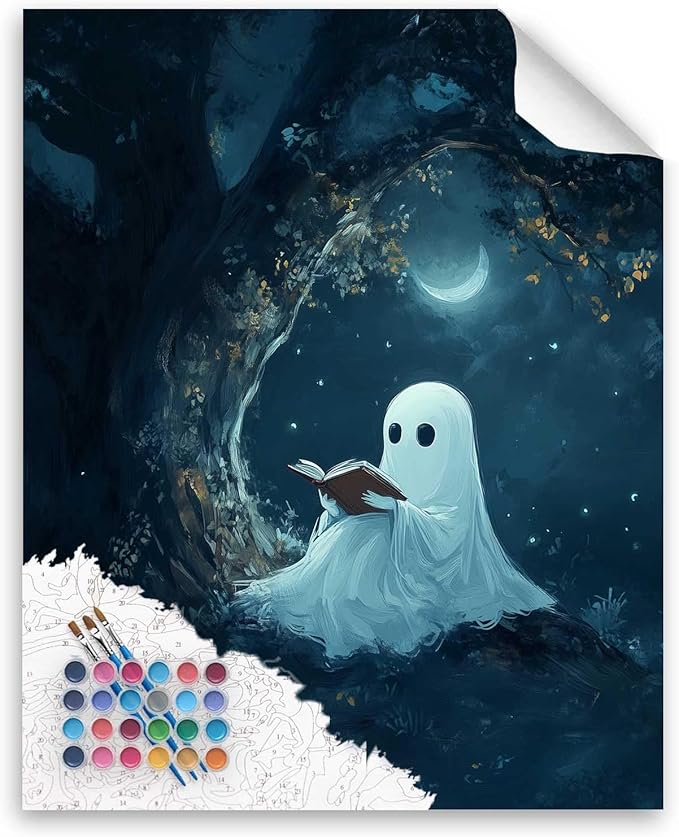 Cawpom Ghost Reading Paint by Number, Halloween Ghost with Book Paint by Numbers Kit for Adults, Halloween Spooky Acrylic Painting, Home Wall Decor(16x20inch, No Frame)