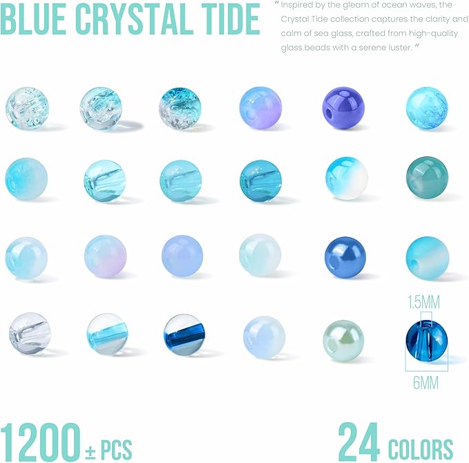 1200PCS 6mm Blue Glass Beads for Bracelets, 24 Colors Crystal Beads Bracelets Making Kit and Jewelry Making, Round Blue Ocean Sea Beads for Friendship Bracelets Earring Necklace DIY Crafts