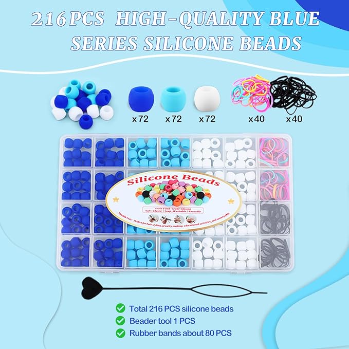 AD Beads 216PCS 6x9mm Soft Pony Silicone Beads for Hairstyle, Blue Series with 80 Elastic Bands, Tool and Storage Box Kit for Braids, Bracelet, Crafts.
