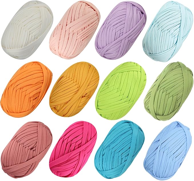 SIMEIQI 12 PCS T-Shirt Yarn Elastic Fabric Crochet for DIY Knitting, Spaghetti Thick Knitting Yarn for Hand DIY Bag Blanket Cushion Crocheting Projects,Home Decor（12 Colors）