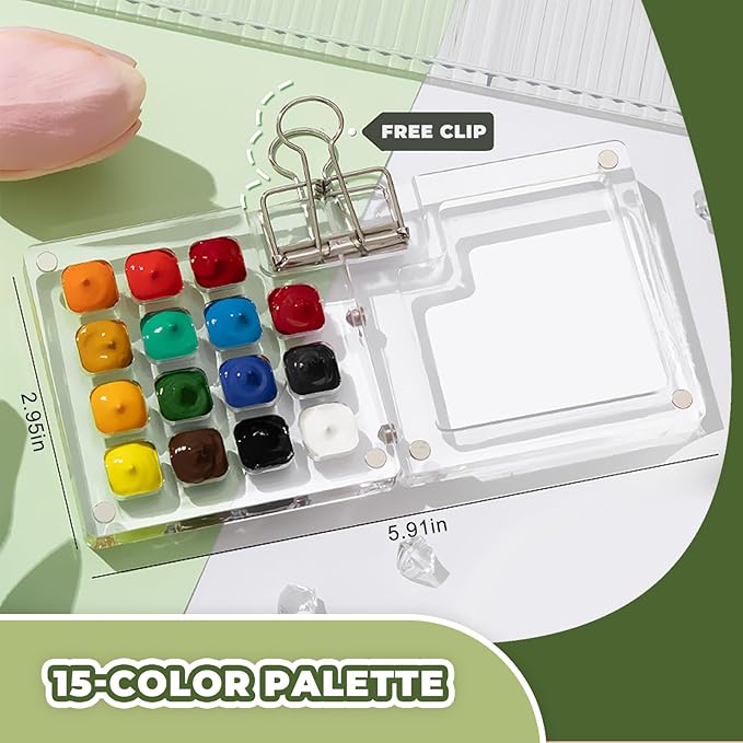 Mini Portable Watercolor Palette Set-Grid Paint Box with Binder Clips Include 24 Colors Paint - Brush*3 and Picture Album Art Materials Coloring Markers for Travel, Creative Drawing Kit for Beginners and Art Enthusiasts(Blue Wood-L)