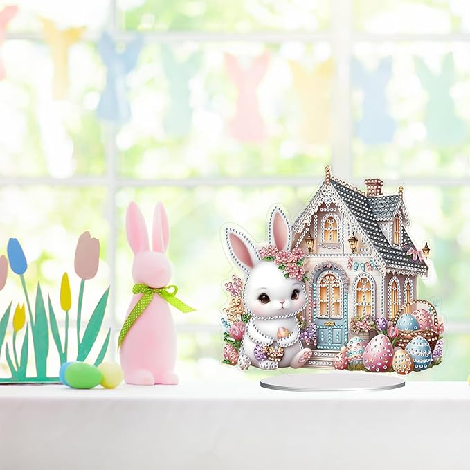 DIY Dot Diamond Art Painting Desktop Easter Creative Ornaments by Number Embroidery Arts and Crafts Easter for Home Office Garden Decoration (Single Side Dot Diamond)-Easter Bunny-1