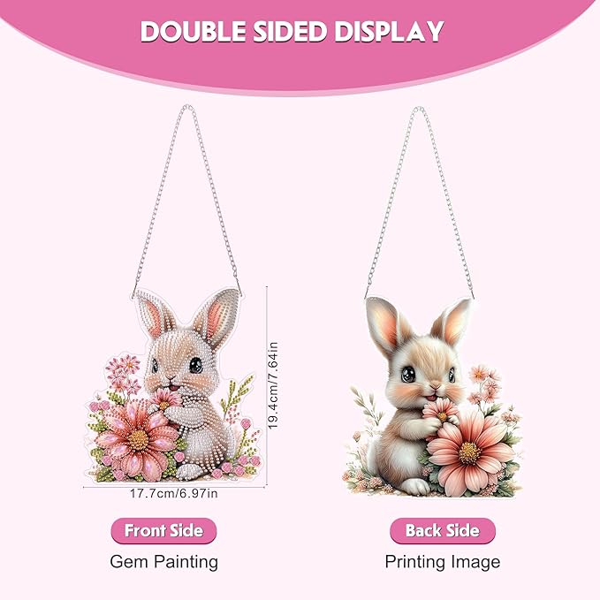 NEWENMO Diamond Art Kit for Adult, Bunny with Flower, Diamond Art Painting Double Sided Window Pendants for Home Garden Wall Hanging, DIY Special Shaped Gem Hanging Ornaments, Easter Bunny