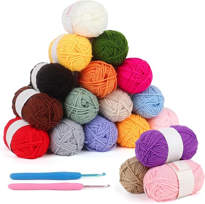 Coopay 25gx18 Colors Crochet Yarn Pack with Crochet Hooks (3mm+4mm), 1377yd Acrylic Yarns for Crocheting Animal Kit, Multicolor Yarns Set 4ply Soft Yarn Kit for Beginners/Professionals