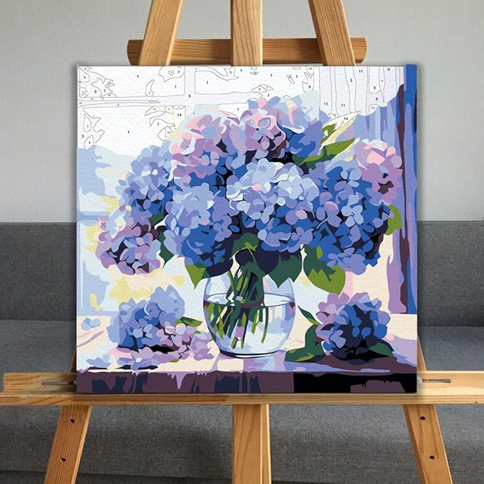 JUJUHOOD Hydrangeas Flowers Paint by Numbers Kit for Adults Beginner & Kids Ages 8-12, Purple Flower Paint by Number Without Easel, Simple Paint by Numbers for Gift Home Wall Decor (10x10Inch)