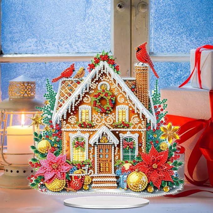 LAKEQUILL Christmas Diamond Painting Kits, Cookie House Tabletop Ornament, Stand Up Diamond Art Desktop Kits for Home Office Decor, New Year Gift