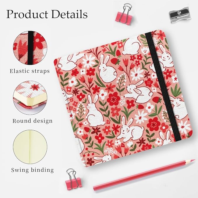Mifuner 4.8x4.8in 80gsm Mini Notebooks Art Blank Pages Sketchbooks Travel Journal Pocket Hardcover Paint Writing Notebook Blank Diary Memo Planner Sketchbook Fabric Cover.Pink Rabbit