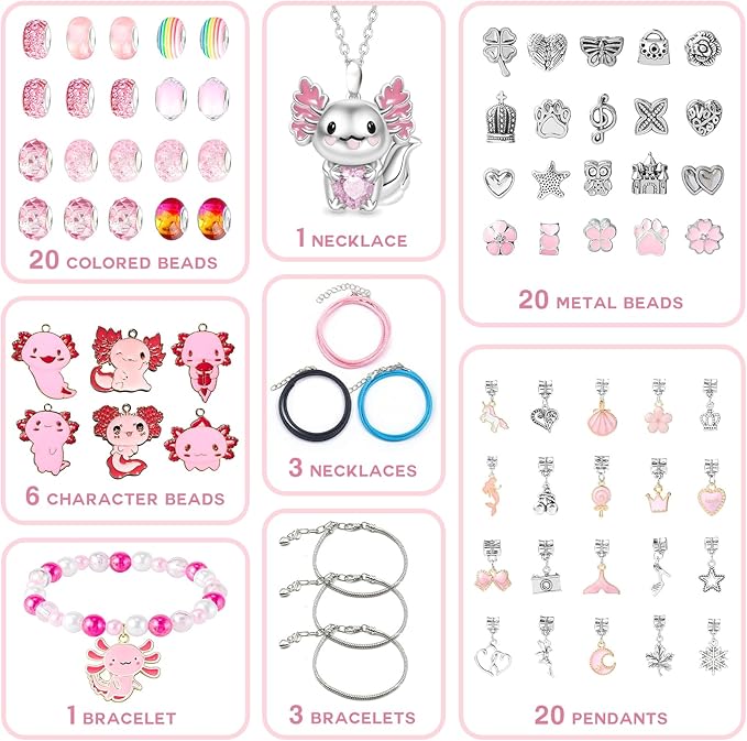 Rinziigo Axolotl Kawaii Charm Bracelet Making Kit, Cartoon Jewelry Making Supplies Beads, Cute Crafts Gifts Set for Woman