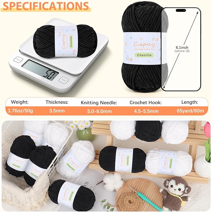 Coopay Chenille Yarn for Crocheting, 8 Pack Medium Weight Yarn - CYC #4 - Total 520yd, Soft Crochet Yarns for Plush Toys, Blankets, Scarves (Black)