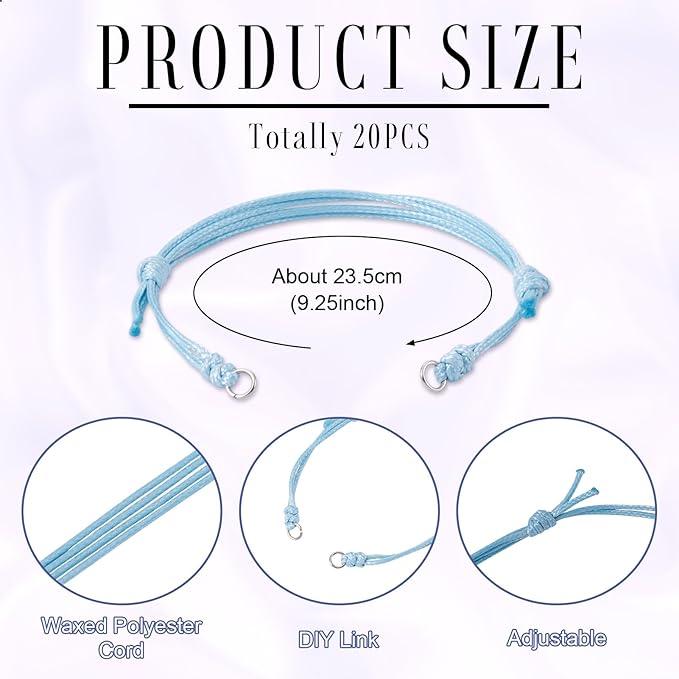 KISSITTY 20pcs Adjustable Bracelet Cords for Connector Charms Waxed Polyester Thread Cord Sky Blue Color Half Finished Bracelet for Friendship Bracelets Jewelry Making