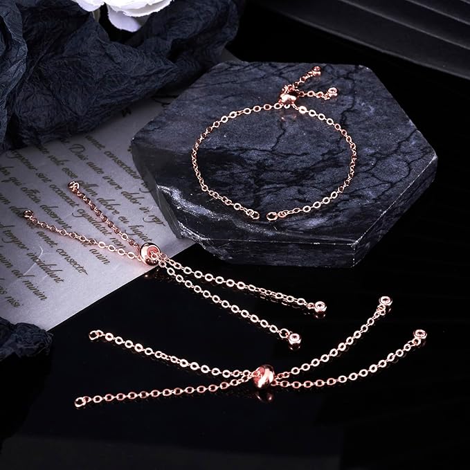 FASHEWELRY 10Pcs Adjustable Slider Bracelet Rose Gold Cable Bracelet Chains Slider Extender Chains with Cubic Zirconia Ends for Woman Jewelry Making, 7.87 Inch Long