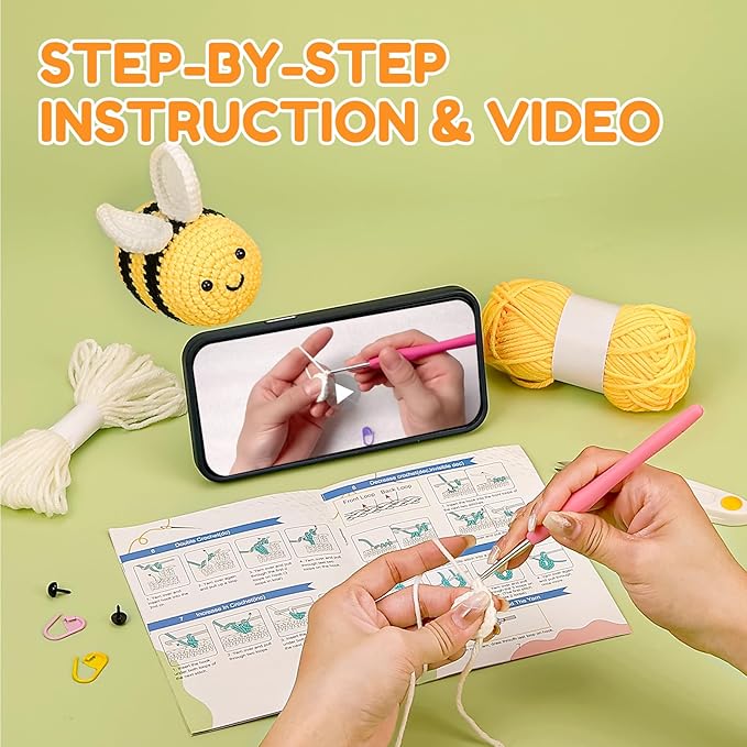 Karsspor Crochet Kit for Beginners, Crochet Starter Kit with Detailed Instructions and Video Tutorials, Complete Crochet Animal Kit, Crochet for Adults Kids, Adorable Bee