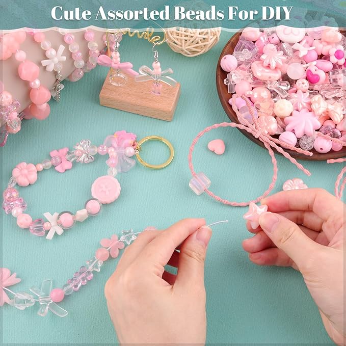 200-260pcs tinkrstuff assorted pink acrylic beads for bracelet making, cute beads for jewelry making,flower bow butterfly candy gummybear aesthetic bracelet charms diy necklace keychain phone charm