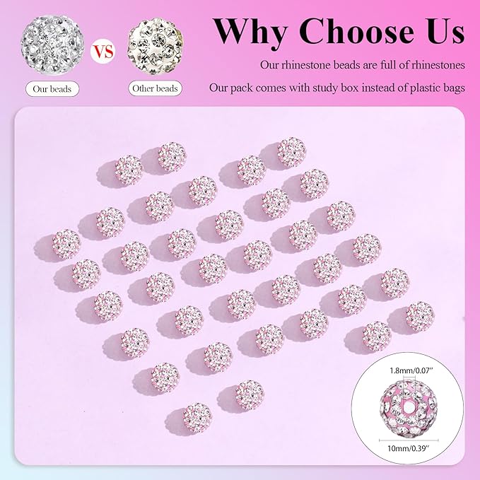 Dowarm 255PCS 10mm Rhinestone Beads, Pink Rhinestone Clay Beads for Baseball Necklace Bracelet Jewelry Making Crafts Beaded Pen, Round Polymer Clay Shamballa Pave Disco Diamond Bead