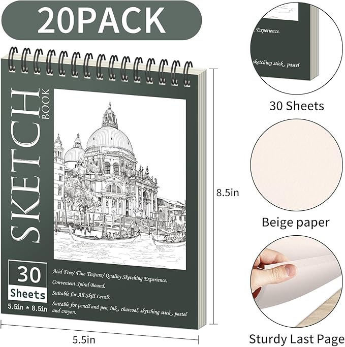 OSIMIG 20 Pack Sketch Books 5.5" x 8.5", Top Spiral Bound Sketch Pad, Mini Sketchbook Bulk for Kids, 600 Sheet Drawing Paper (68lb/100gsm), Drawing Pad for Beginger, Art Supplies