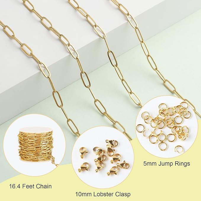SMYHTGLIF 5 Meters Gold Chain Bulk for Jewelry Making Stainless Steel Paperclip Cable Jewelry Making Chains with Lobster Clasps and Open Jump Rings