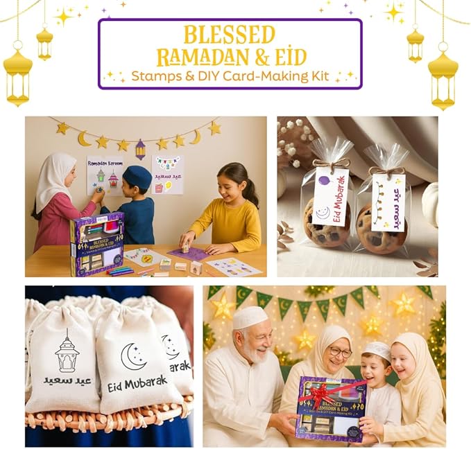 Ramadan & Eid Crafts Set with Stamps DIY Card-Making Kit for Kids 40 Pieces 11 Wooden Stamps, 12 Cards & Envelopes, 5 Pencils, Dual-Color Ink Pad, Ramadan Stickers-Islamic Gifts, Ramadan Decor