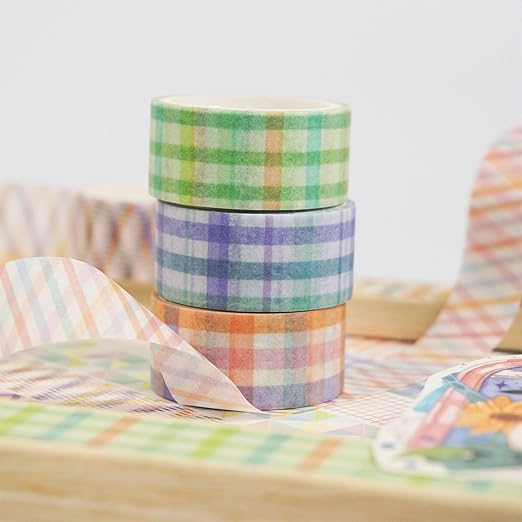 YUBX Basic Grid Washi Tape Set 12 Rolls Plaid Decorative Masking Tapes for Arts, DIY Crafts, Journals, Planners, Scrapbook, Wrapping (Colored)
