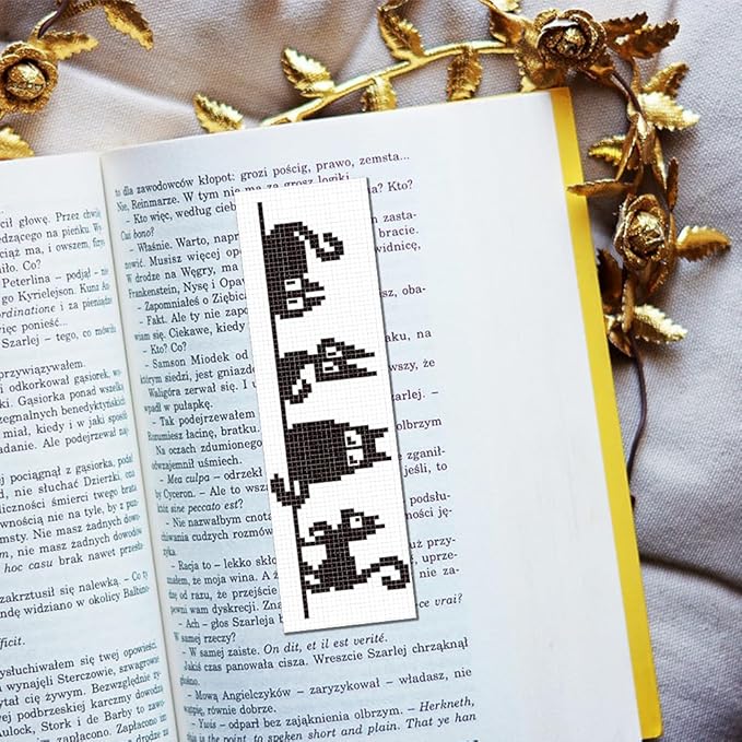 FREEBLOSS 6 Set Cross Stitch Bookmark Kit Stamped Cross Stitch Kit Black Cat Embroidery Set with Instruction for Adults 8''*2.4''