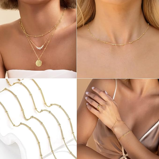 16Ft Stainless Steel Bead Chain for Jewelry Making, 1.6mm Thin Gold Plated Ball Beaded Cable Link Chains Roll for DIY Necklace Bracelet Jewelry Making Supplies with Lobster Clasps Soft Tape Measure