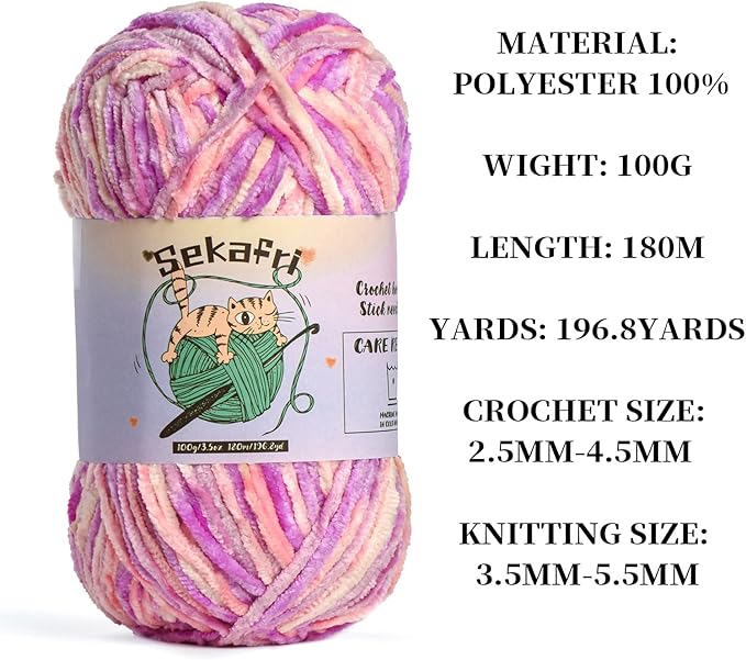 3 Pack of 300g (590yds) Fuzzy Chenille Yarn for Crocheting,Fluffy Amigurumi Crochet Yarn for DIY Craft/Hat/Clothes, Soft Velvet Baby Blanket Yarn（3 Pinkish Purple）