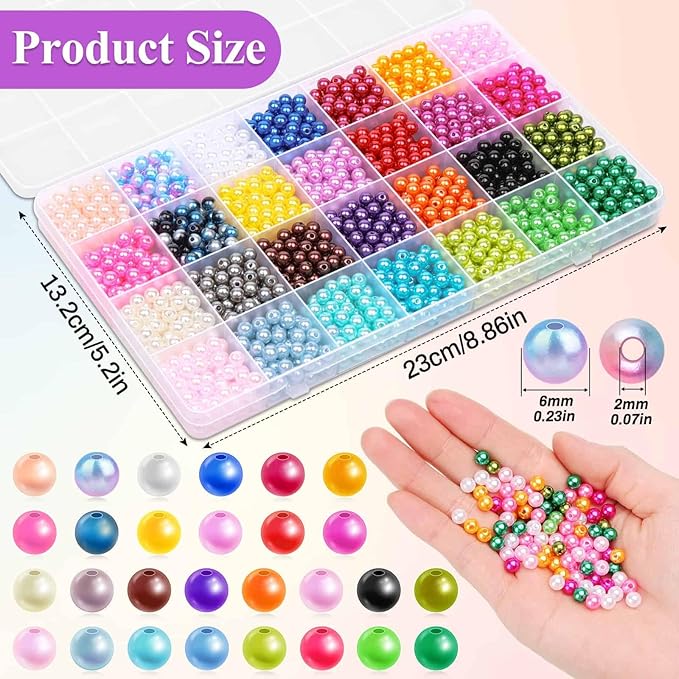 Audab 2240Pcs Pearl Beads for Jewelry Making 28 Colors, Colored Pearl Beads for Bracelets Making, 6mm Shiny Beads Small Round Pearl Bracelet Beads for Crafts, Jewelry Making and for Bracelets Making