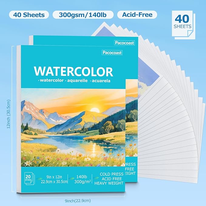 Pacocoast 9"X12" Watercolor Paper - Pack of 2 (40 Sheets), Glue-Bound Cold Press Art Paper, Artist-Grade Sketchbook, Water Color Journal Notebook, Ideal for Adults, Beginners, Teal