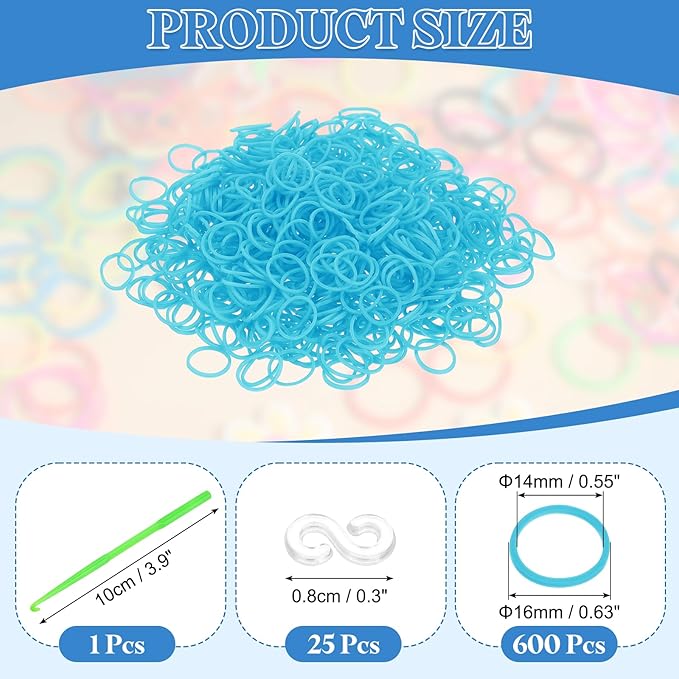 uxcell 600Pcs Loom Rubber Band, Bracelet Making Refill Kit Elastic Loom Band with 25Pcs S-Clips and 1Pcs Crochet Hooks for Weaving DIY Handcrafts, Lake Blue