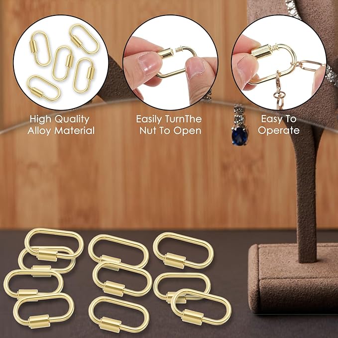 10pcs Small Locking Charms, Screw Carabiner Lock Charms Metal Oval Keyring Holder Clasp Carabiner Necklace Clasps Gold Keychain Clip for DIY Jewelry Making Handbag Accessory(Gold)