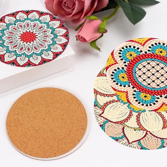 8 Pcs Mandala Diamond Art Coasters Kit with Holder, DIY Mandala Diamond Painting Coasters for Beginners Adults, Non Slip Diamond Art Kits Craft Supplies 4x4inch